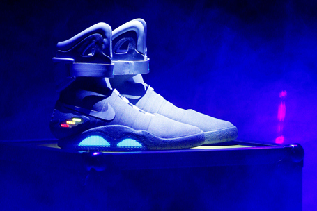 The 2011 NIKE MAG shoe, based on the original NIKE MAG worn in 2015 by the "Back to the Future" character Marty McFly, played by Michael J. Fox, is unveiled at The Montalban Theatre in Hollywood, Californi