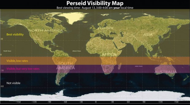 گرافیک ناسا از نقاطی در جهان که می توانند شهاب باران برساوشی را مشاهده کنند.
