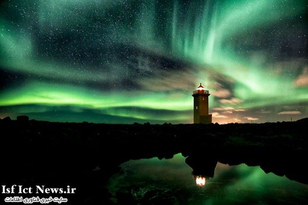 Lighthouse And Aurora-Filled Sky, Iceland